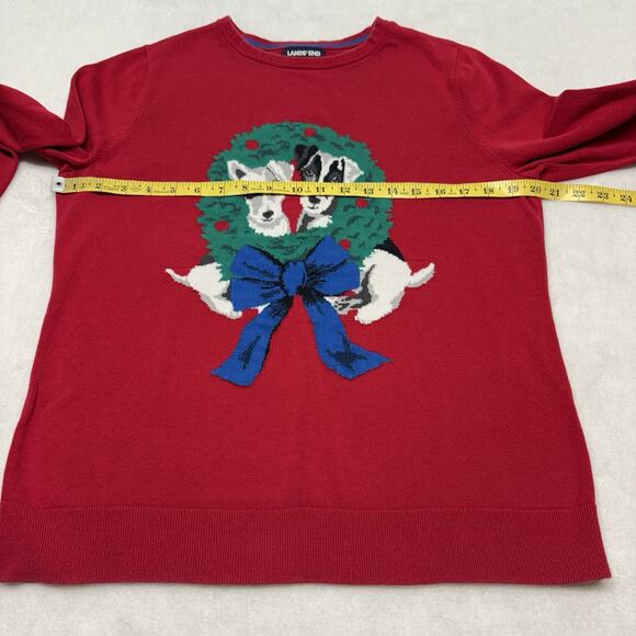 Lands End Christmas Sweater Christmas Wreath With Dogs Red Women’s Size L - Picture 7 of 8